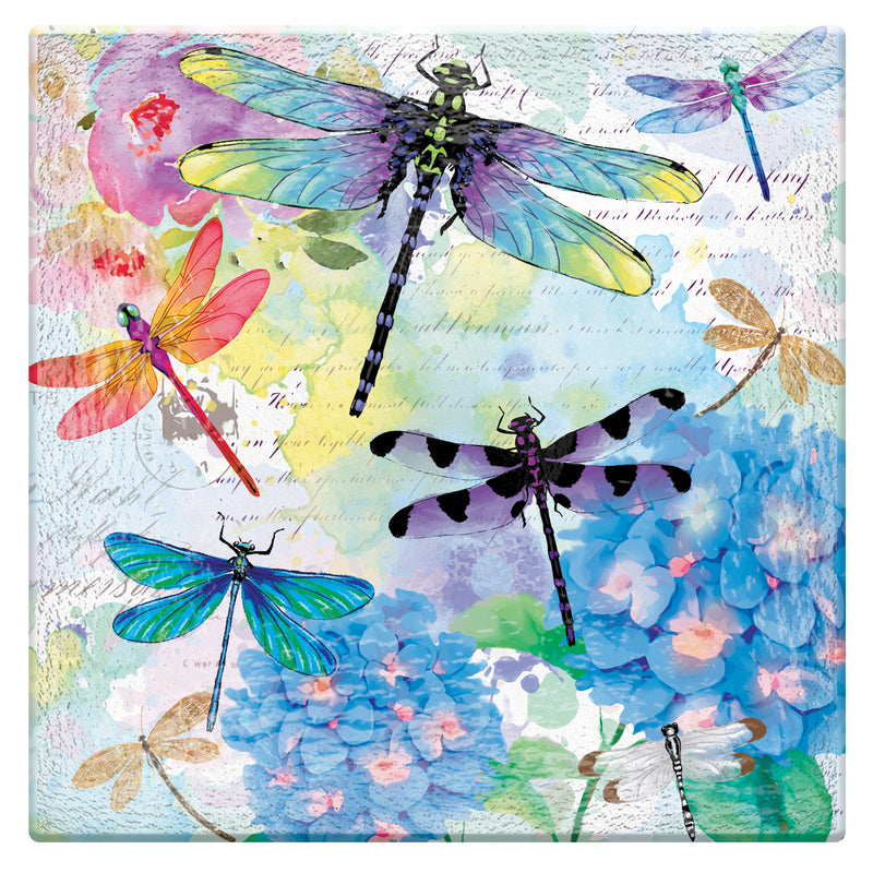 Evergreen 16.5" Hand Painted Embossed Square Glass Bird Bath, Dragonfly Prints, 16.5'' x 16.5'' x 2.4''