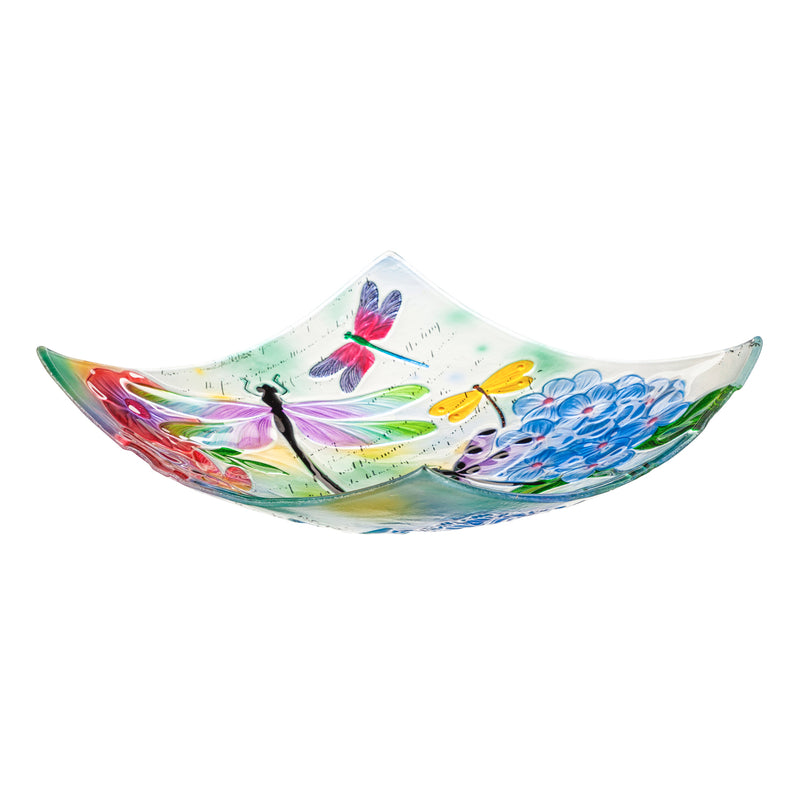 16.5" Hand Painted Embossed Square Glass Bird Bath, Dragonfly Prints,2gb836