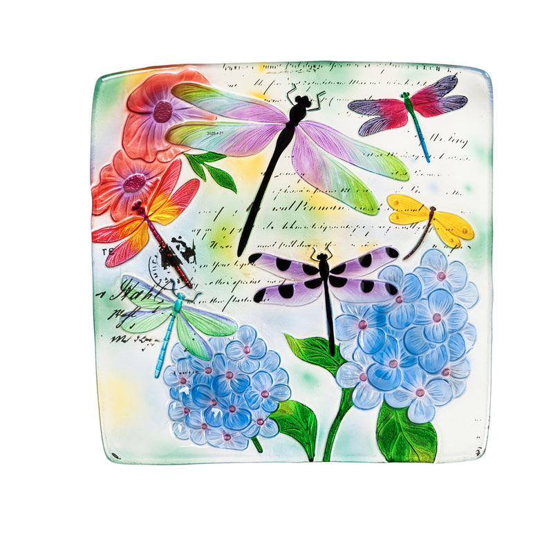 Evergreen 16.5" Hand Painted Embossed Square Glass Bird Bath, Dragonfly Prints, 16.5'' x 16.5'' x 2.4''