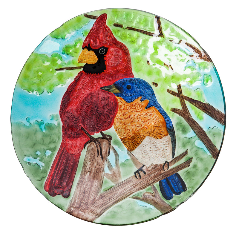 Evergreen 18"Hand Painted  Embossed Glass Bird Bath, Cardinal and Blue Bird, 18'' x 18'' x 2''
