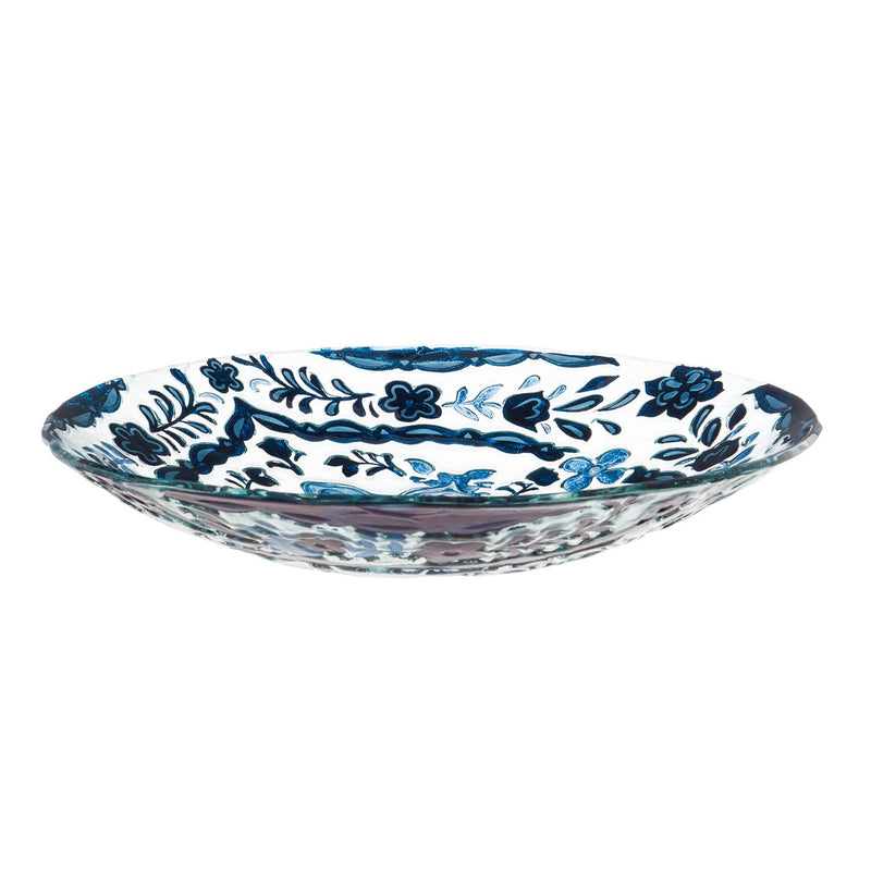 18" Hand Painted Embossed Glass Bird Bath, Blue Pattern,2gb838