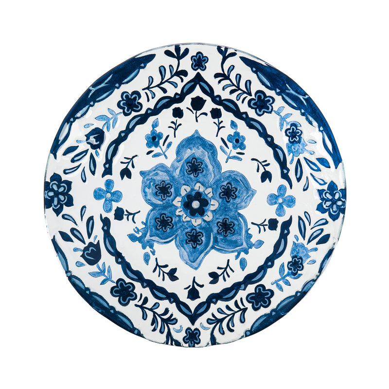18" Hand Painted Embossed Glass Bird Bath, Blue Pattern,2gb838