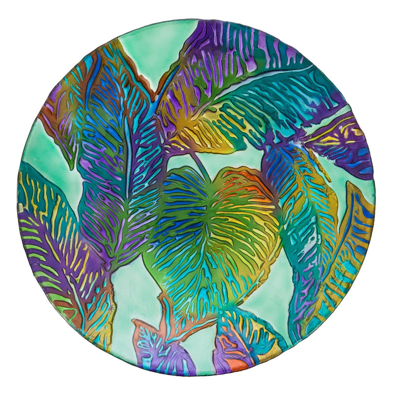 18" Hand Painted Embossed Glass Bird Bath, Tropical Palm Leaves,2gb839