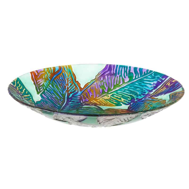 18" Hand Painted Embossed Glass Bird Bath, Tropical Palm Leaves, 18"x18"x1.97"inches