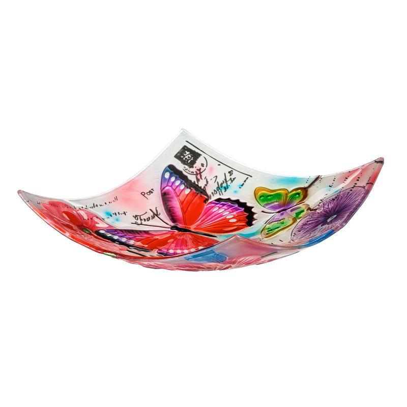Evergreen 16.5" Hand Painted Embossed Square Glass Bird Bath, Butterfly Prints, 16.5'' x 16.5'' x 2.4''