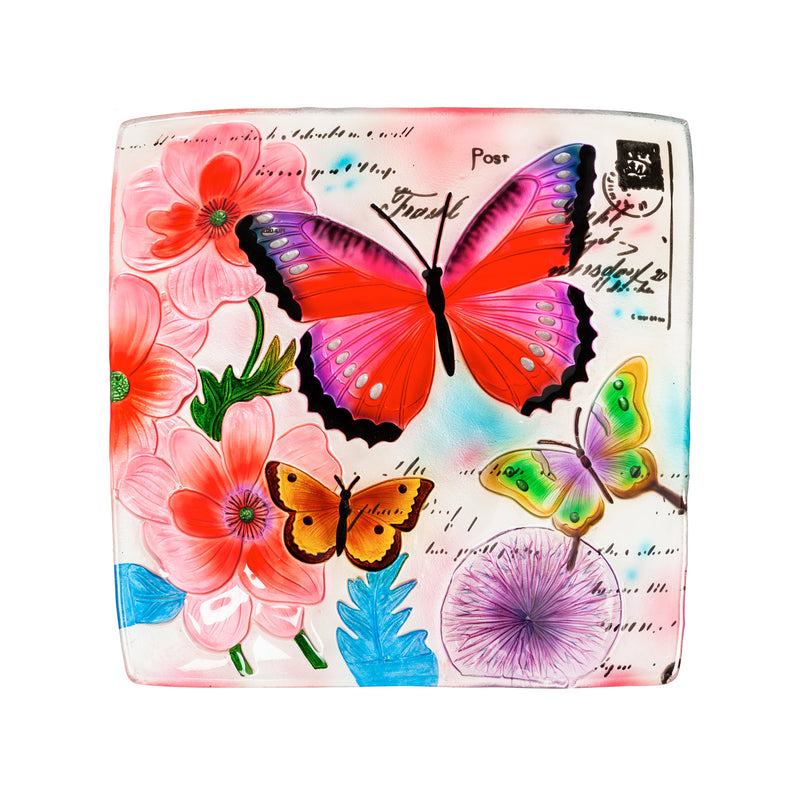 Evergreen 16.5" Hand Painted Embossed Square Glass Bird Bath, Butterfly Prints, 16.5'' x 16.5'' x 2.4''