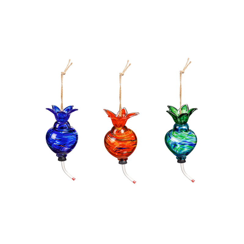 Hanging Art Glass Hummingbird Feeder with Built-in Floral Ant Moat, 3 ASST.