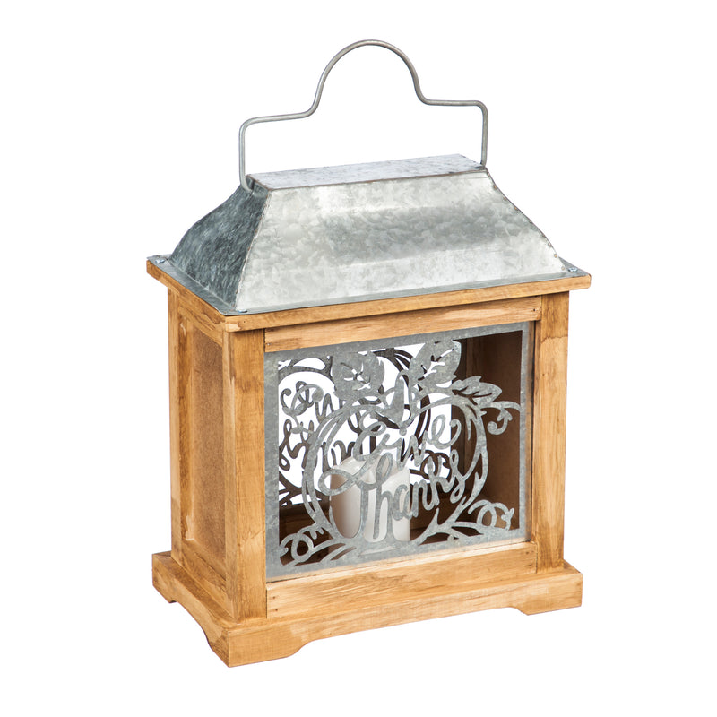 Evergreen Give Thanks Galvanized Metal and Wood Lantern, 10'' x 5.5'' x 11.4'' inches.