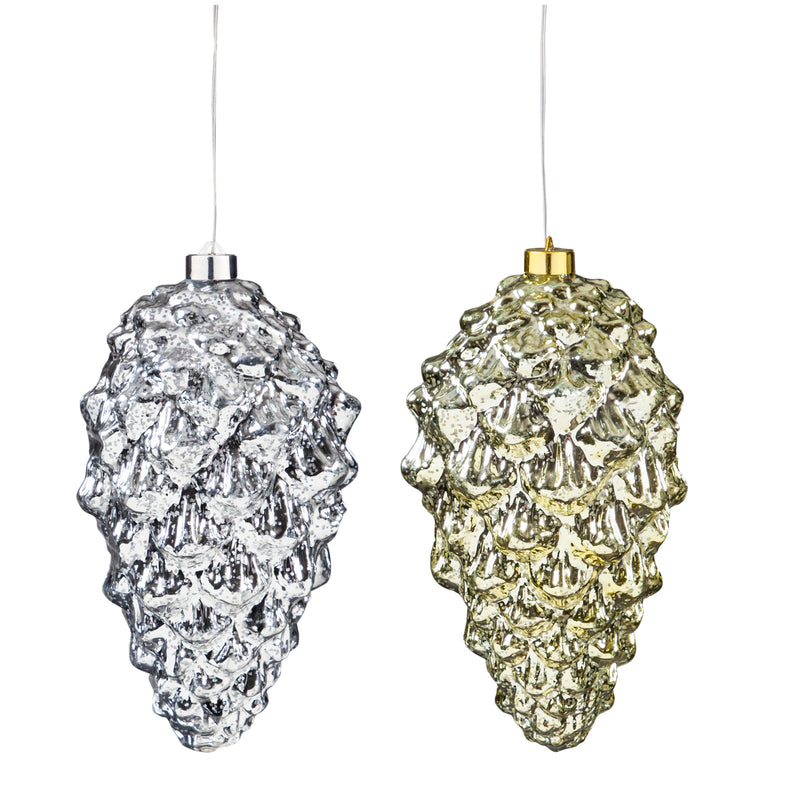 10" Pinecone Shatterproof Battery Operated Warm White Twinkling LED Ornament, 2 ASST.,2la1528
