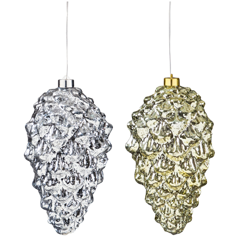 10" Pinecone Shatterproof Battery Operated Warm White Twinkling LED Ornament, 2 ASST., 5.91"x5.91"x9.84"inches
