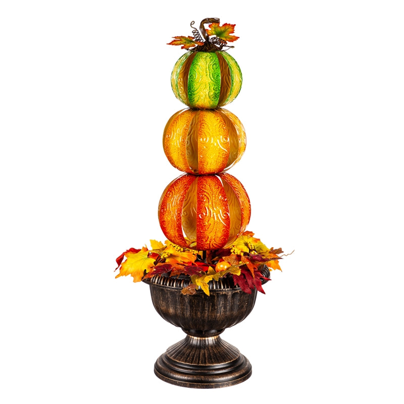 27"H Stacked Pumpkin Metal Battery Operated Twinkling White LED Decor with Wreath in Urn, 13"x13"x26.5"inches