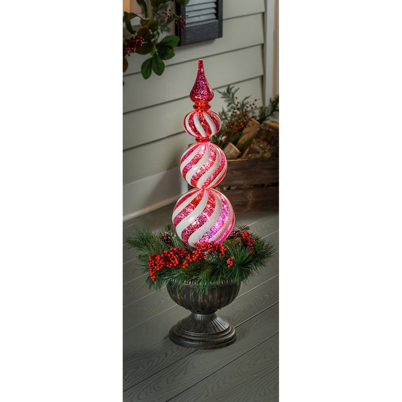 36"H Red/White Finial Shatterproof Battery Operated Twinkling White LED Ornament  with Wreath in Urn, 14"x14"x36"inches