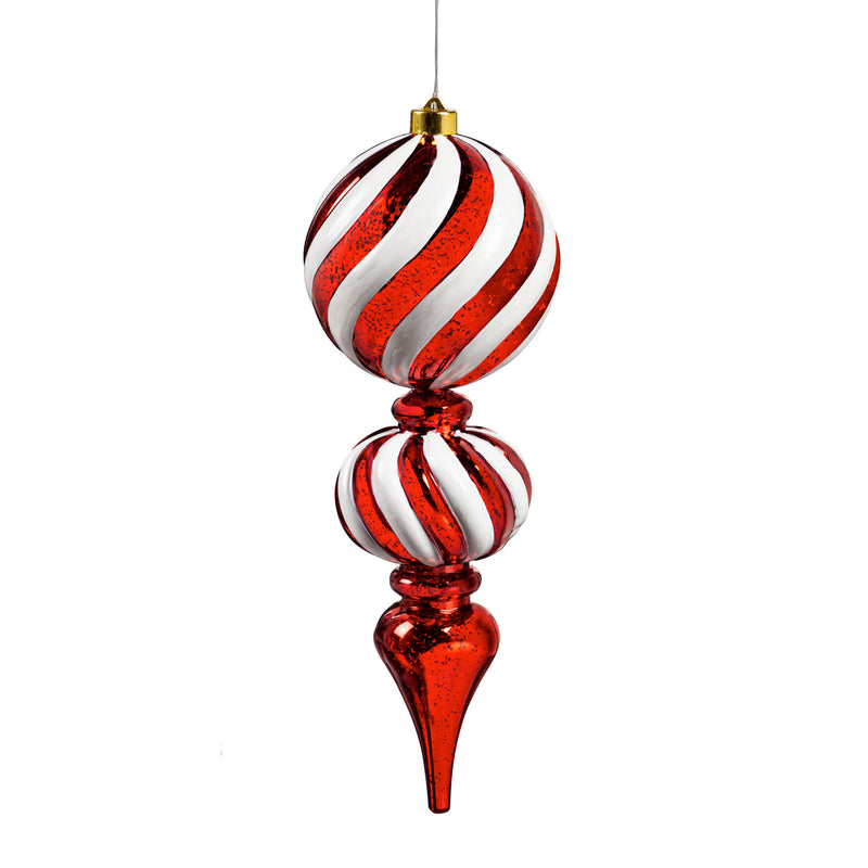 17"H Finial Shatterproof Battery Operated White Chasing Light LED Ornament, Red and White Swirl, 6"x6"x17"inches