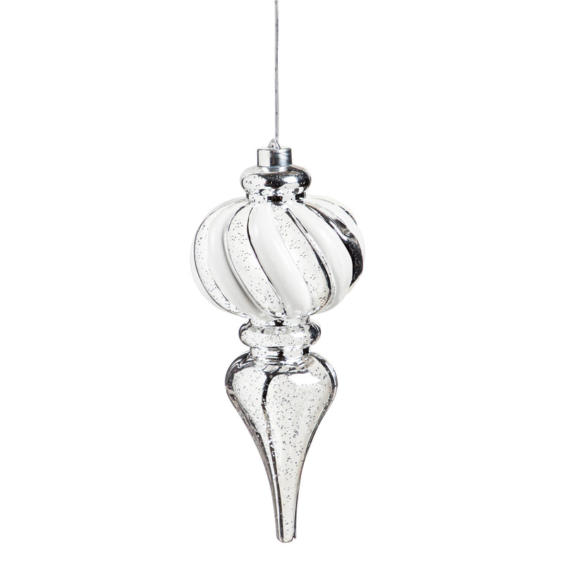 11"H Finial Shatterproof Battery Operated White Chasing Light LED Ornament, Silver/White Wavy Stripe,2la1781