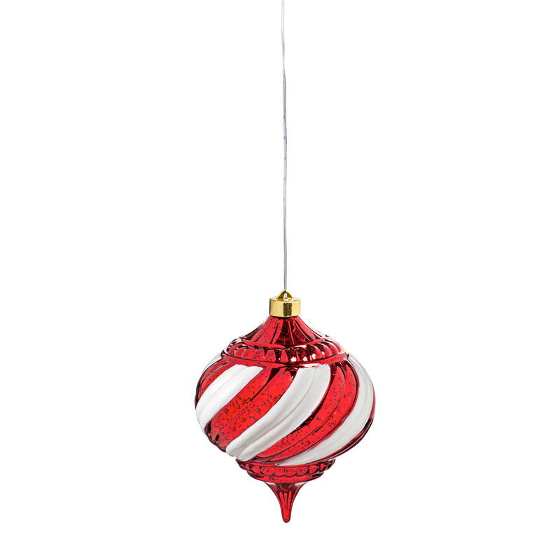 6" Shatterproof Outdoor Safe Battery Operated LED Ornament, Red and White Faceted Onion, 5.91"x5.91"x5.91"inches