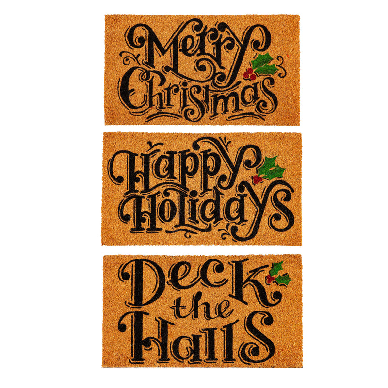 Evergreen Floormat,Holiday Sentiments Coir Mat, 3 Asst,28x0.56x16 Inches