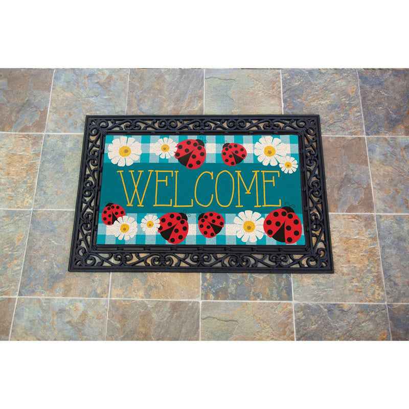 Evergreen Flag Ladybug Plaid Coir Mat 18 x 30 Inch Colorful Stylish and Durable Door and Floor Mat for Patio and Yard