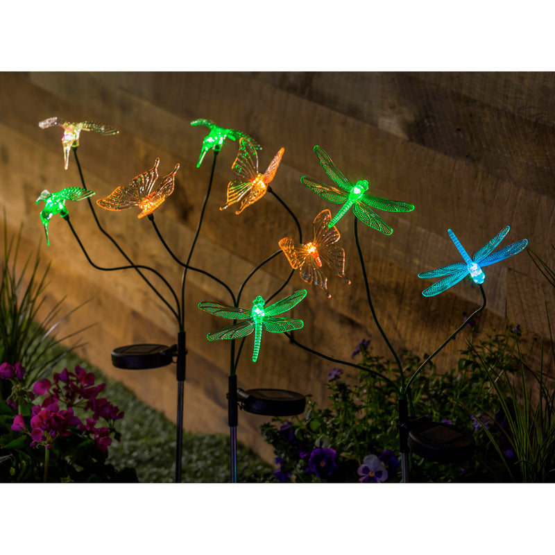 Evergreen Garden Stake,35" 3 Flex-Branch Solar Stake, Hummingbird, Butterfly, and Dragonfly, 3 ASST,9.05x35.03x3.93 Inches