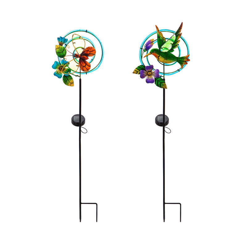 Evergreen 36.25"H Chasing Light Solar Garden Stake, 2 Asst, Hummingbird & Butterfly, 9.1''x 3.5'' x 36.2'' inches