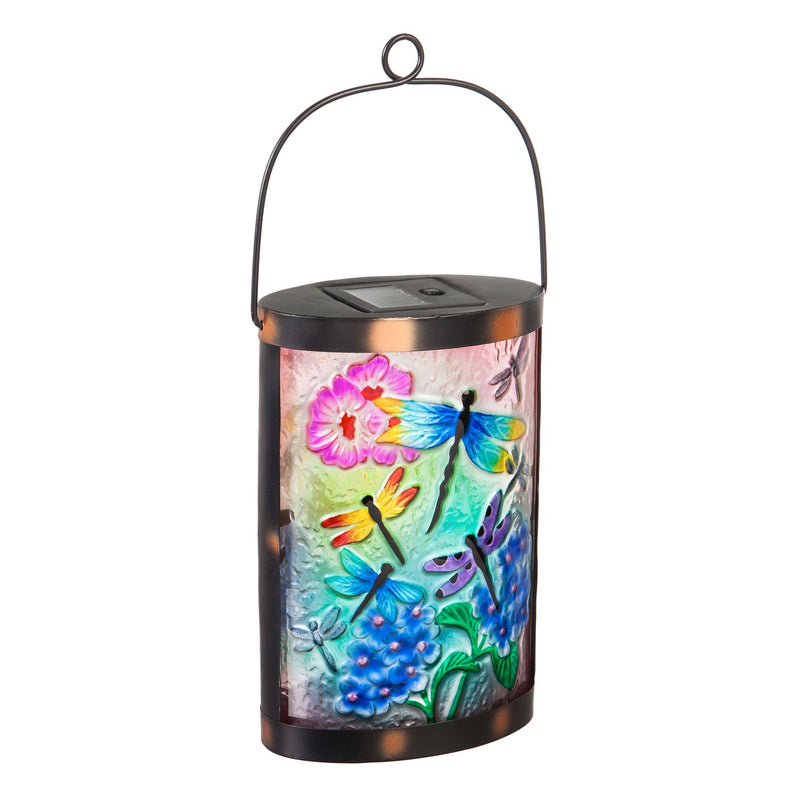 Evergreen Deck & Patio Decor,Handpainted Solar Glass Lantern, Dragonfly Prints,3.74x5.91x9.45 Inches