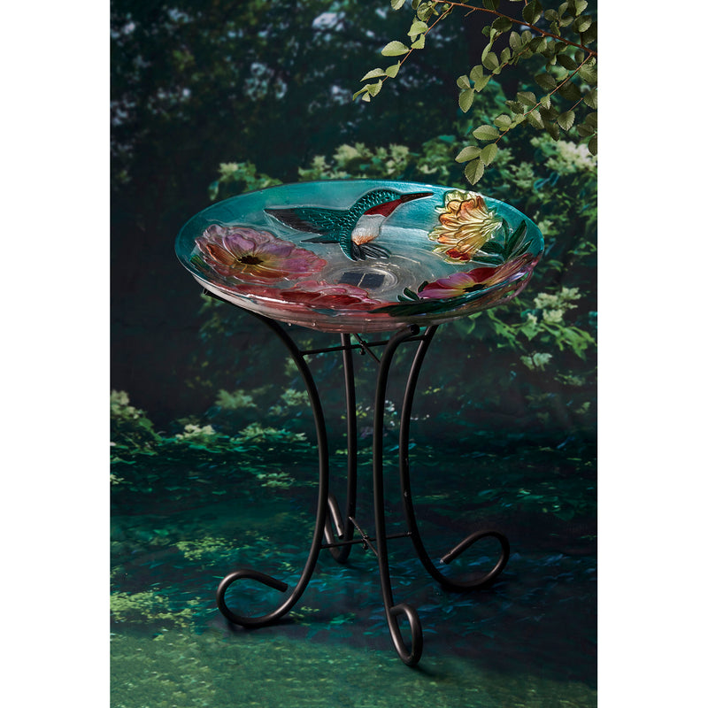 18" Solar Hand Painted Embossed Glass Bird Bath with Stand, Floral Hummingbird,2sp6285