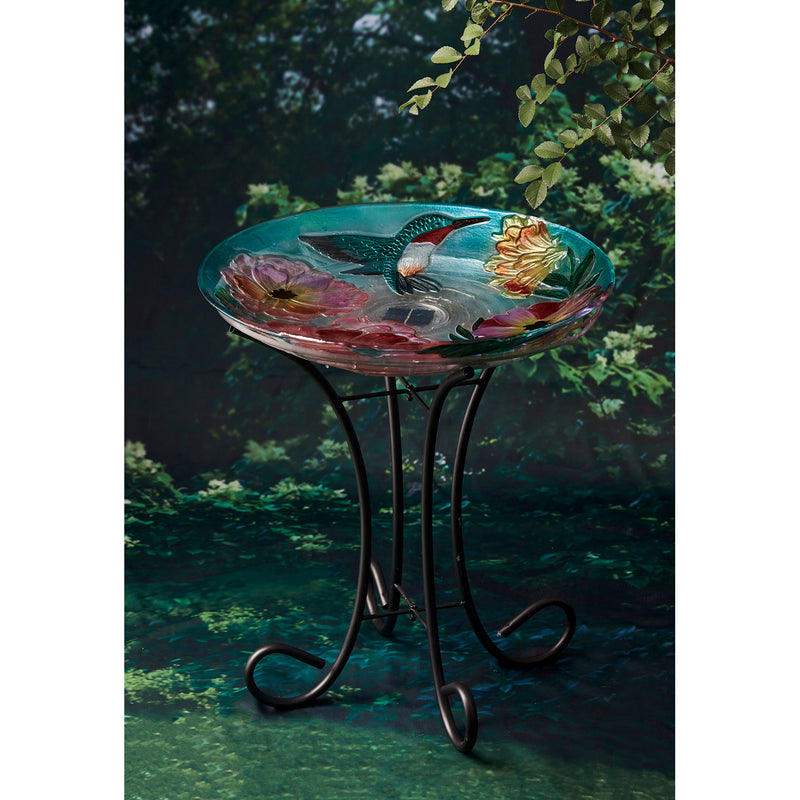 Evergreen Bird Bath,18" Solar Hand Painted Embossed Glass Bird Bath with Stand, Floral Hummingbird,18x18x22.5 Inches