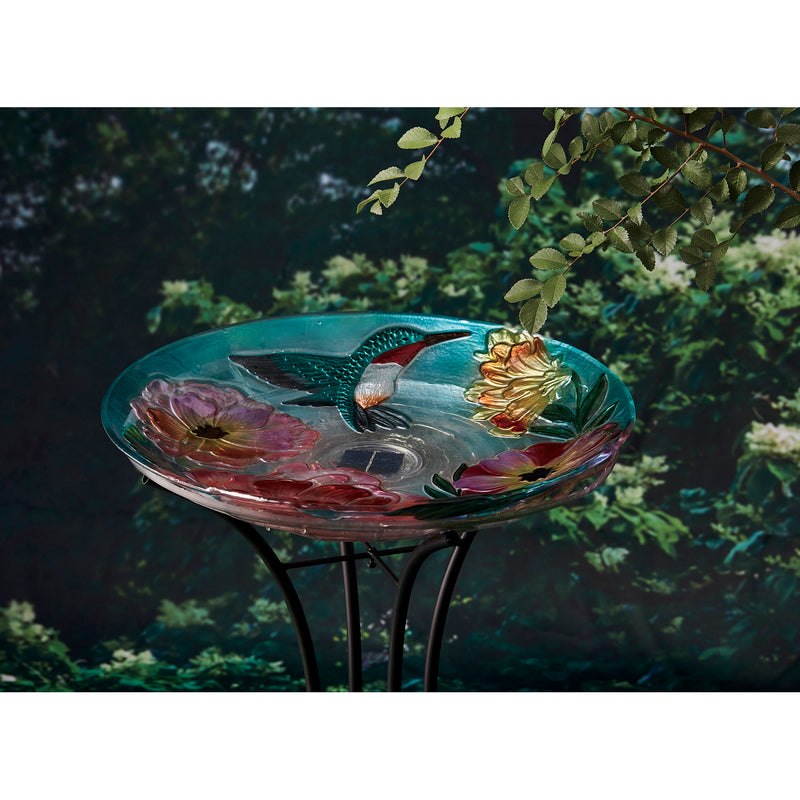 Evergreen Bird Bath,18" Solar Hand Painted Embossed Glass Bird Bath with Stand, Floral Hummingbird,18x18x22.5 Inches