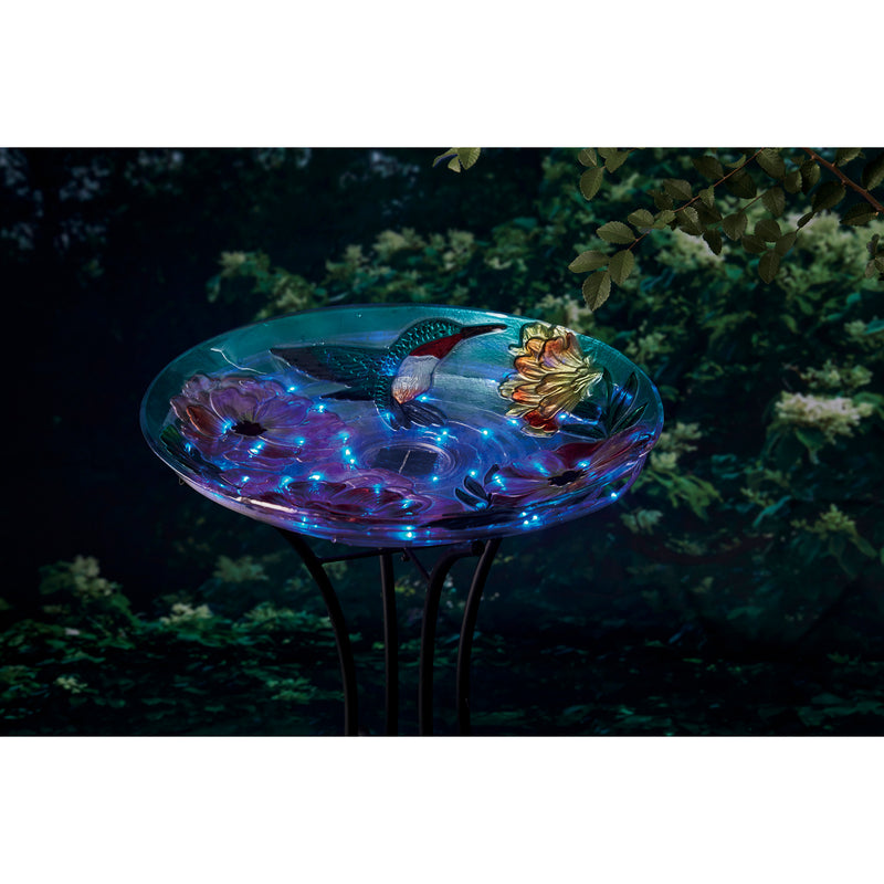 18" Solar Hand Painted Embossed Glass Bird Bath with Stand, Floral Hummingbird,2sp6285