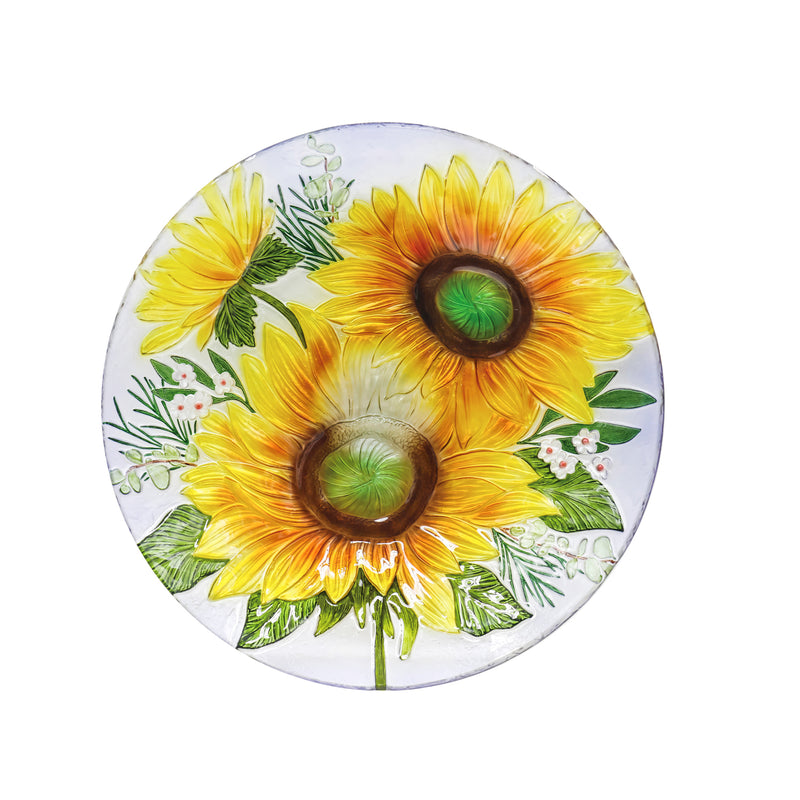 Evergreen Bird Bath,18" Solar Hand Painted Embossed Glass Bird Bath with Stand, Harvest Sunflowers,18x18x22.5 Inches