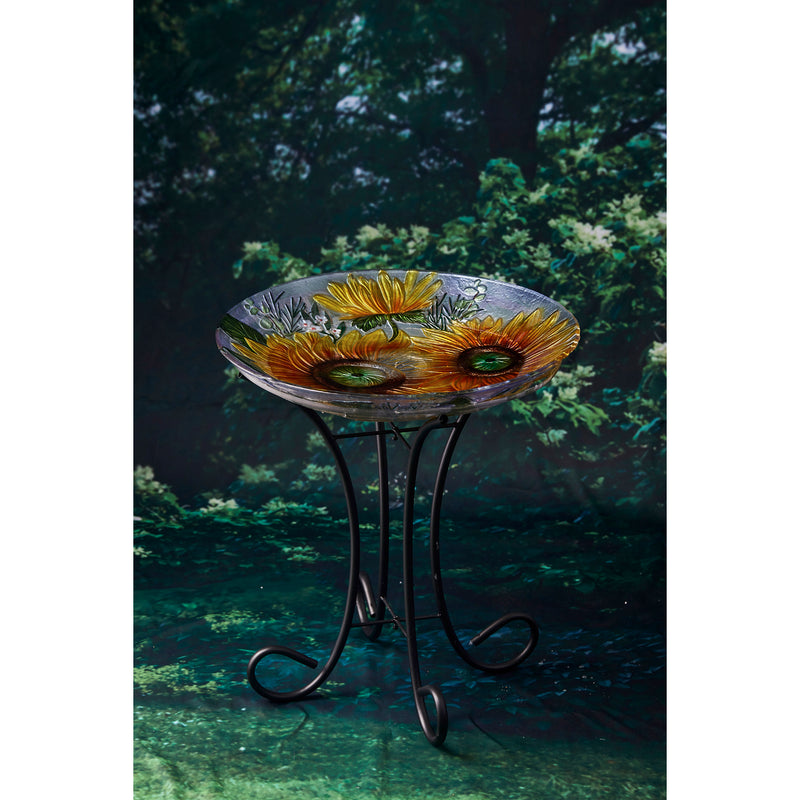 Evergreen Bird Bath,18" Solar Hand Painted Embossed Glass Bird Bath with Stand, Harvest Sunflowers,18x18x22.5 Inches