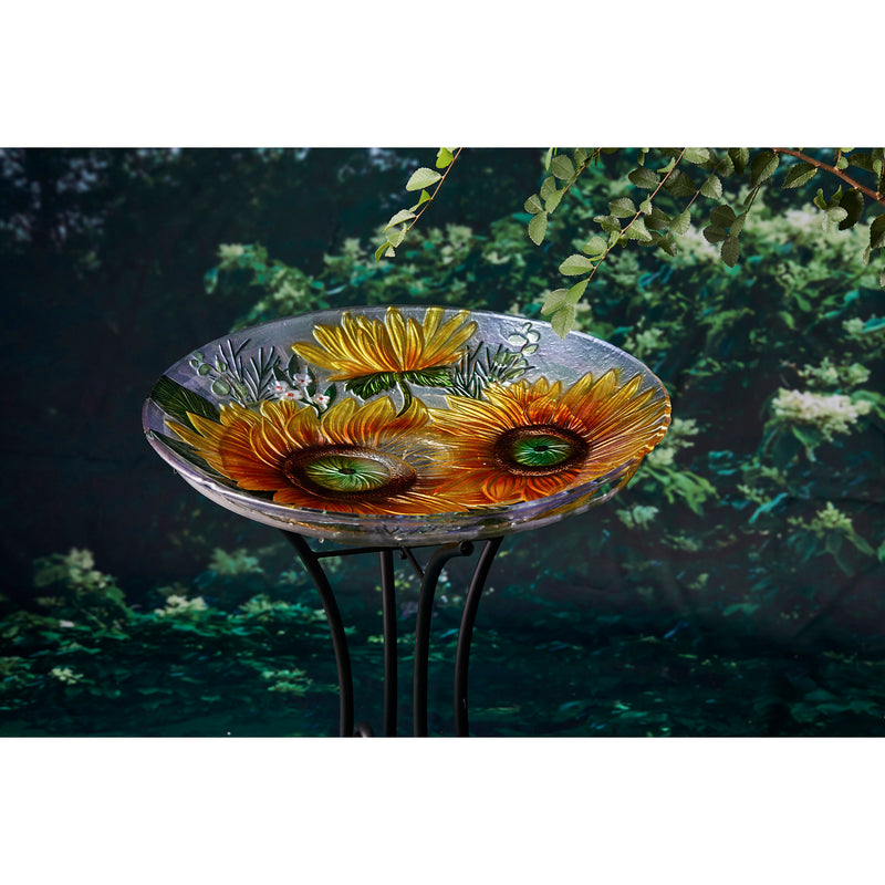 Evergreen Bird Bath,18" Solar Hand Painted Embossed Glass Bird Bath with Stand, Harvest Sunflowers,18x18x22.5 Inches