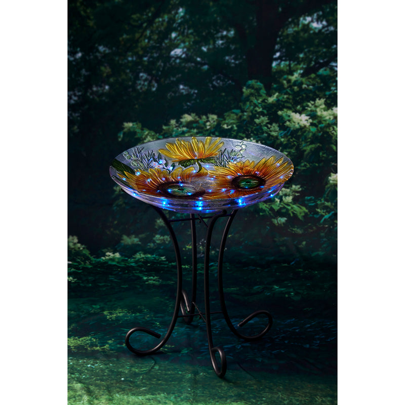Evergreen Bird Bath,18" Solar Hand Painted Embossed Glass Bird Bath with Stand, Harvest Sunflowers,18x18x22.5 Inches