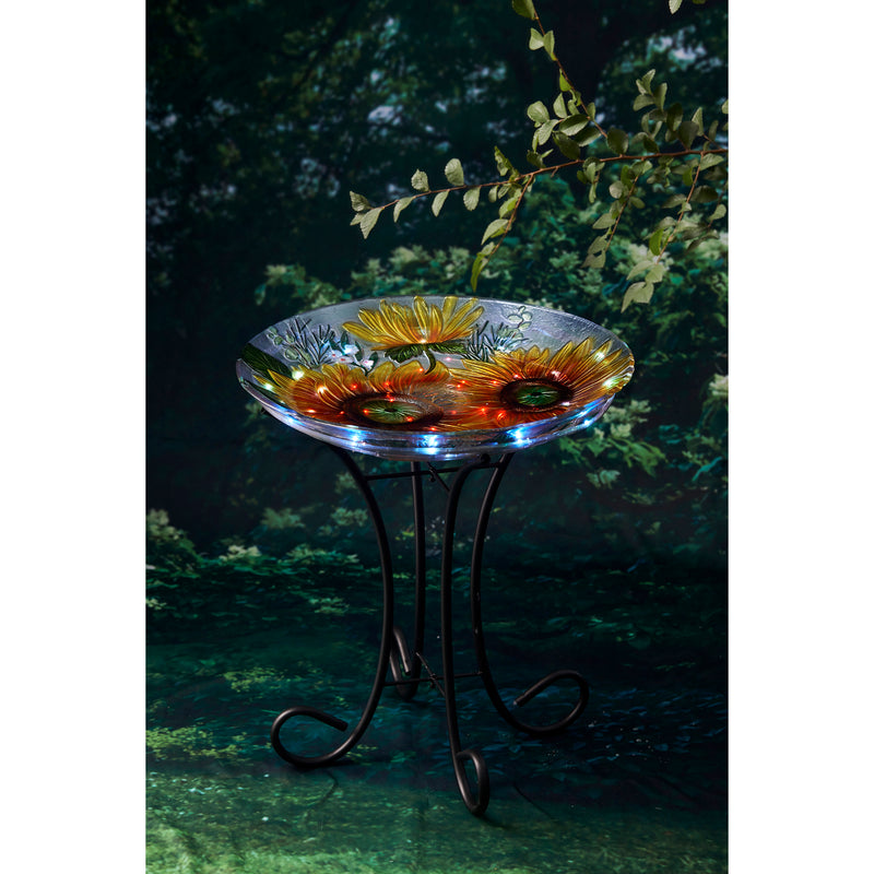 Evergreen Bird Bath,18" Solar Hand Painted Embossed Glass Bird Bath with Stand, Harvest Sunflowers,18x18x22.5 Inches