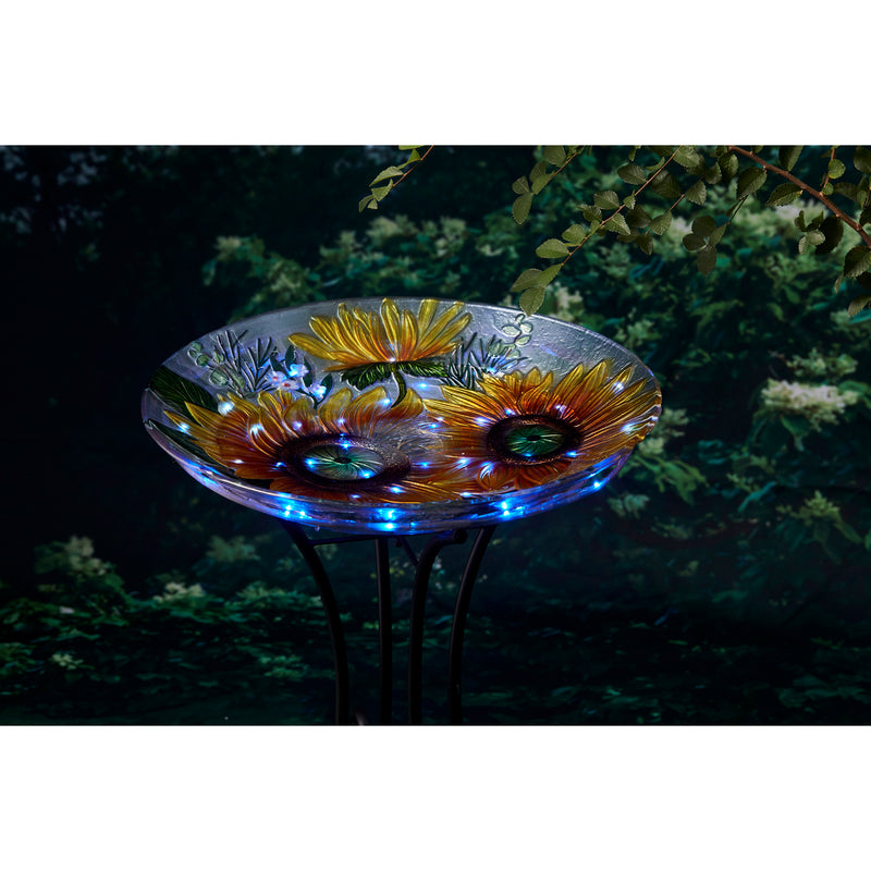 Evergreen Bird Bath,18" Solar Hand Painted Embossed Glass Bird Bath with Stand, Harvest Sunflowers,18x18x22.5 Inches