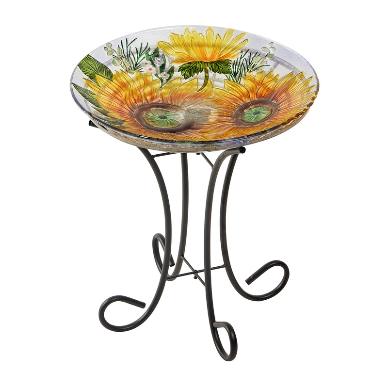 Evergreen Bird Bath,18" Solar Hand Painted Embossed Glass Bird Bath with Stand, Harvest Sunflowers,18x18x22.5 Inches