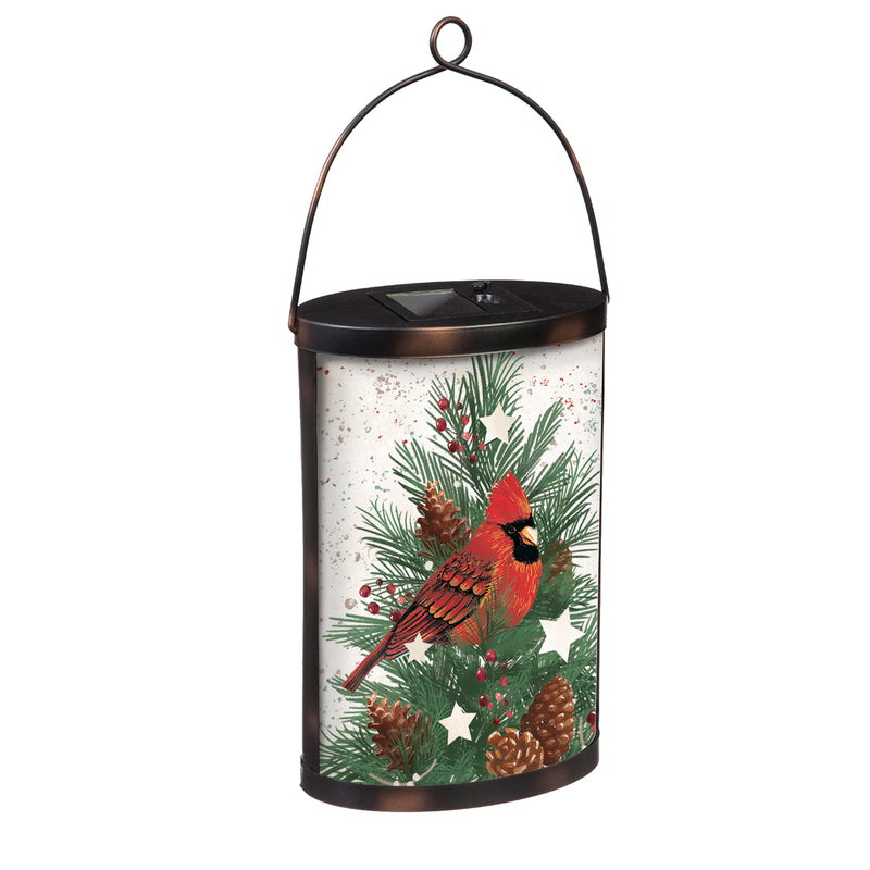 Hand Painted Solar Glass Lantern, Cardinal and Winter Spruce,5.91"x3.74"x9.45"inches