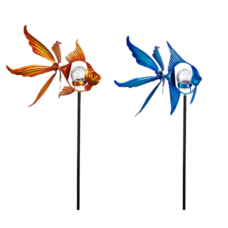 38"H Solar Fish Staked Wind Spinner, 2 Asst.,13"x12"x38"inches