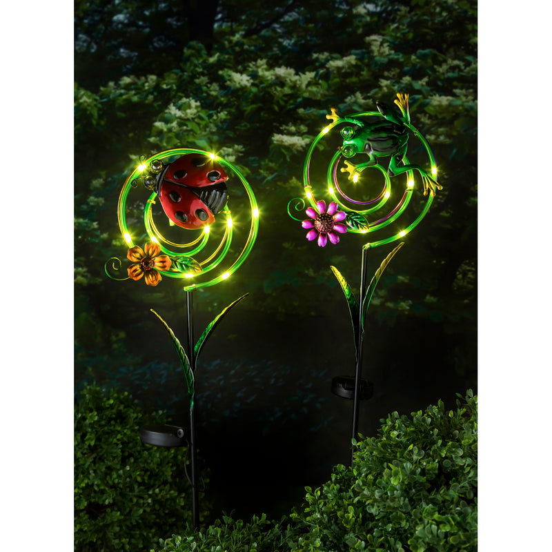 Evergreen 35.75"H Chasing Light Solar Swirl Garden Stake, 2 ASST., Frog/Ladybug, 1.8''x 8.5'' x 35.8'' inches