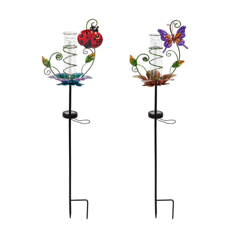 36.25"H Chasing Light Solar Rain Gauge Garden Stake, 2 ASST, Butterfly and Ladybug, 5.3"x7.7"x36.2"inches