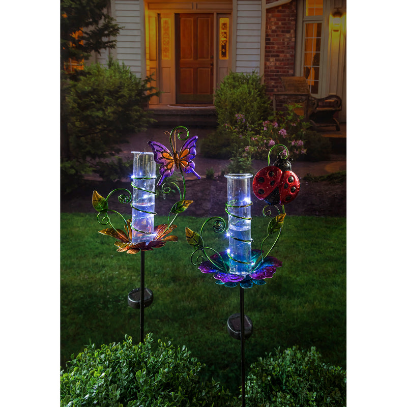 36.25"H Chasing Light Solar Rain Gauge Garden Stake, 2 ASST, Butterfly and Ladybug, 5.3"x7.7"x36.2"inches