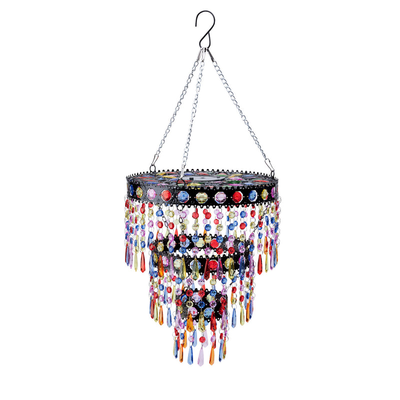 Evergreen Deck & Patio Decor,Colorful Beaded Three-Tier Solar-Powered Mini-Chandelier Metal Light,10.5x10.5x24.5 Inches