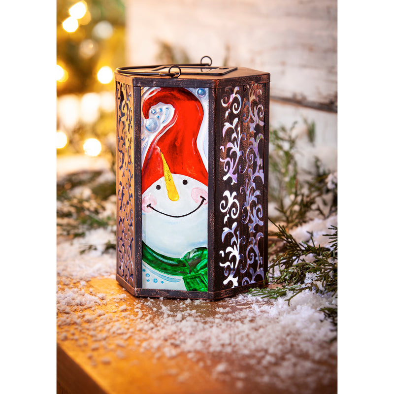 Handpainted Embossed Glass and Metal Solar Lantern, Snowman,5.91"x5.31"x8.27"inches
