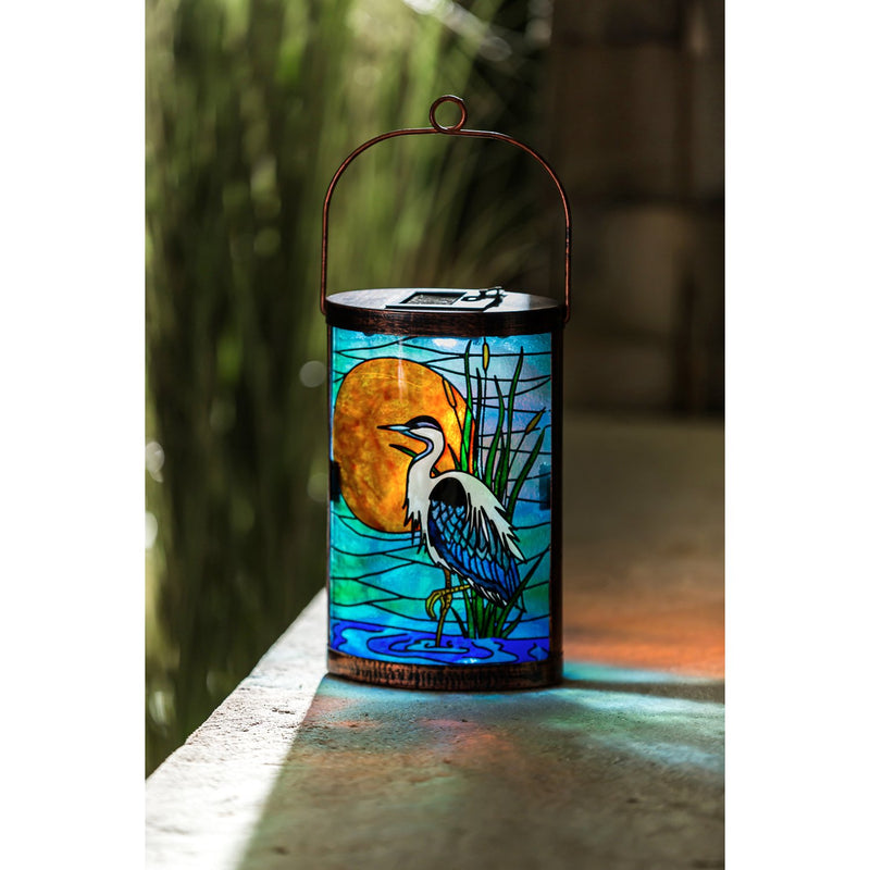 Handpainted Solar Glass Lantern, Blue Heron,5.91"x3.74"x9.45"inches