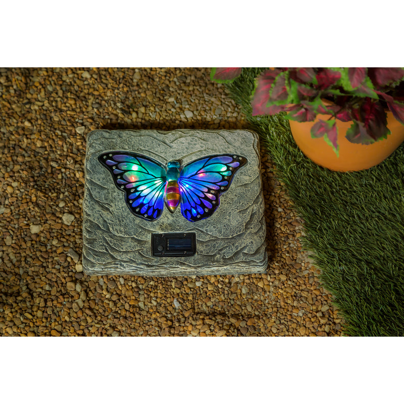 Hand Painted Glass Butterfly Solar Garden Stone, 12.2"x12.2"x1.18"inches
