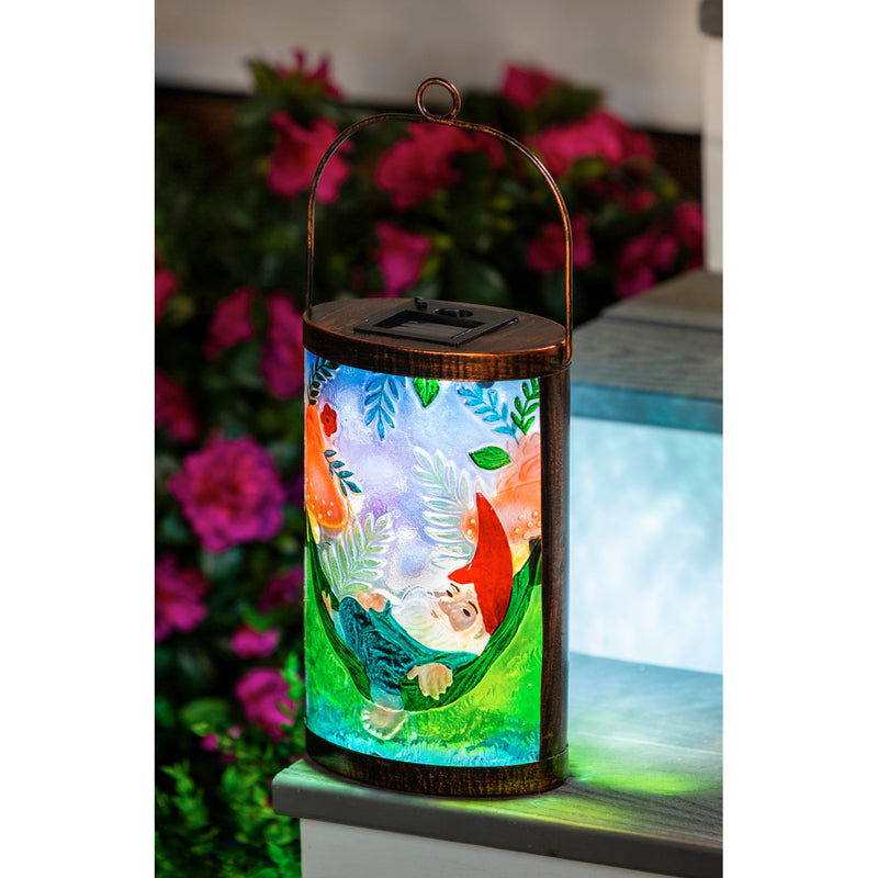 Handpainted Solar Glass Lantern, Peaceful Gnome,5.91"x3.74"x9.45"inches