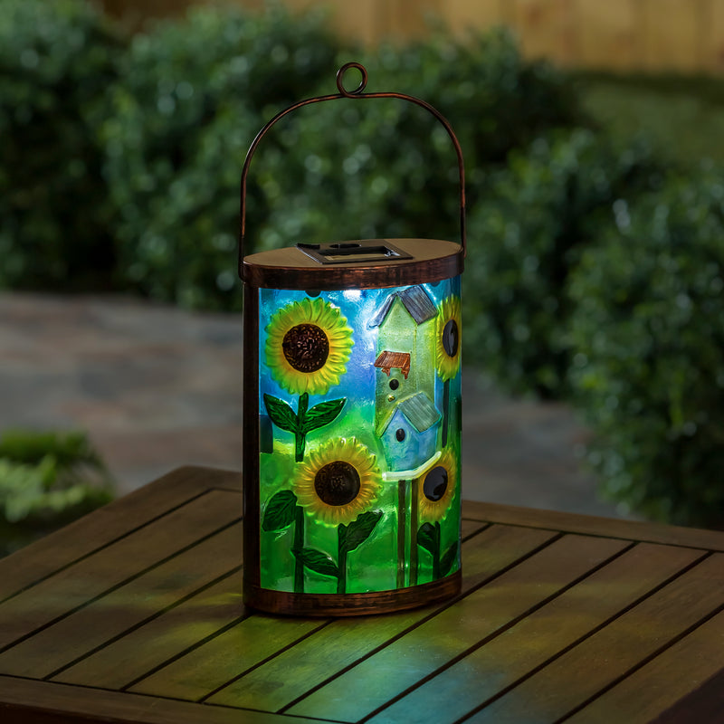 Handpainted Solar Glass Lantern, Cottage Bird House,5.91"x3.74"x9.45"inches