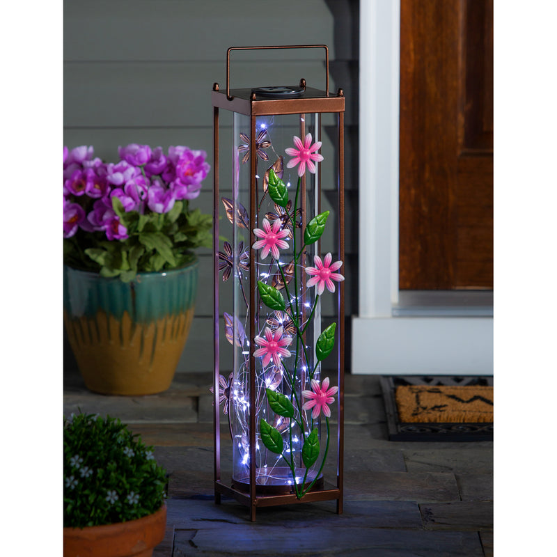 22.5"H Solar Statement Lantern, Pink Wildflowers,5.5"x5.5"x22.64"inches