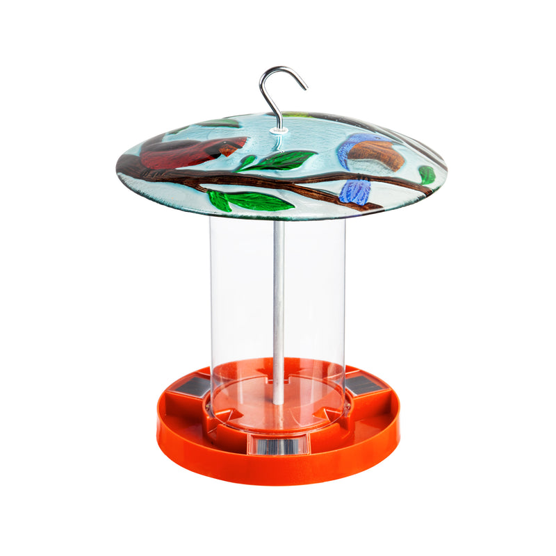 Solar Bird Feeder with Hand Painted and Embossed Glass, Trio of Birds,2sp7217