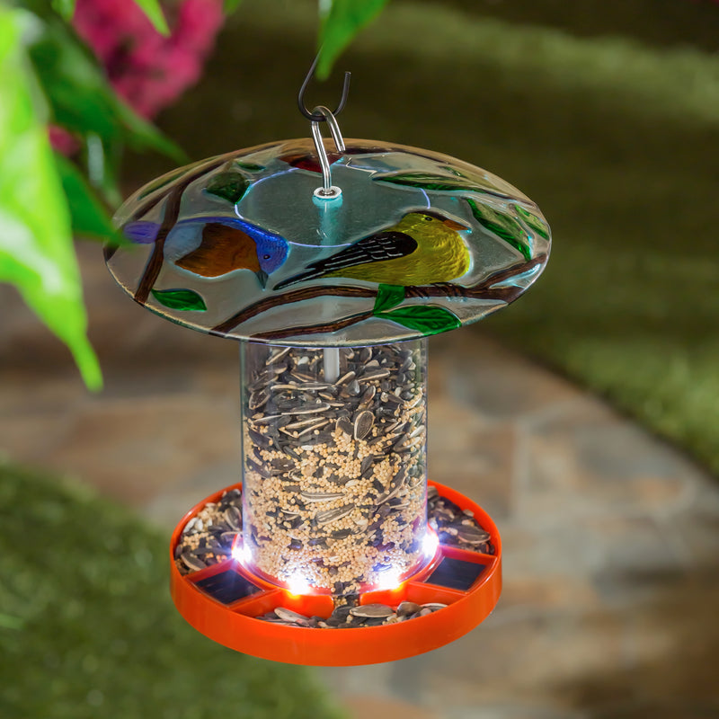 Solar Bird Feeder with Hand Painted and Embossed Glass, Trio of Birds,2sp7217