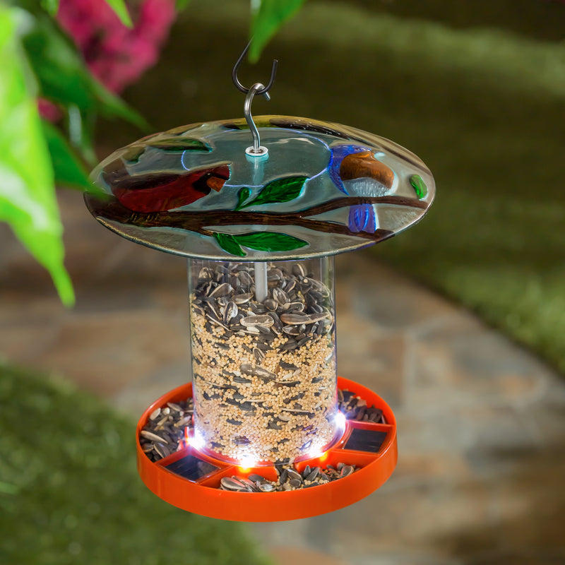Solar Bird Feeder with Hand Painted and Embossed Glass, Trio of Birds,2sp7217
